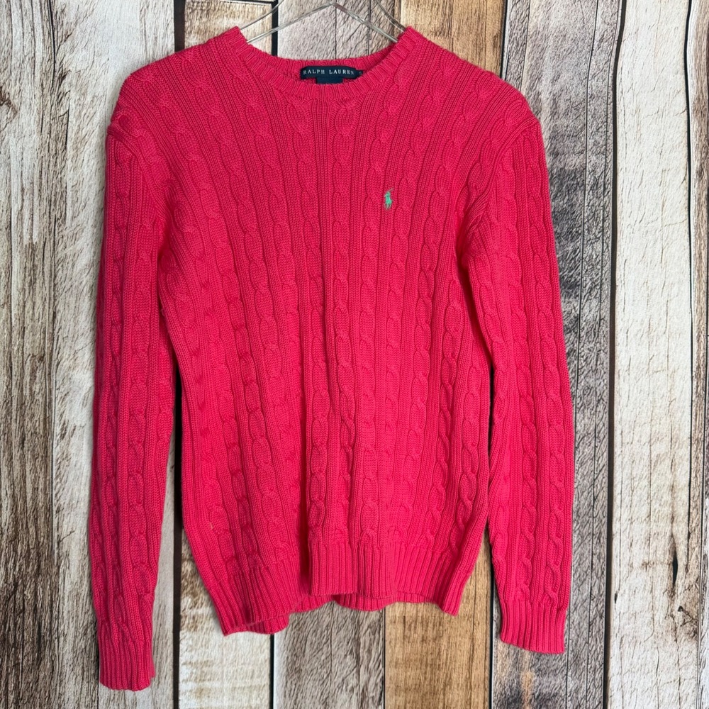 Ralph Lauren Sweater Cable Knit Crewneck Cotton Preppy Classic Casual Pink Small